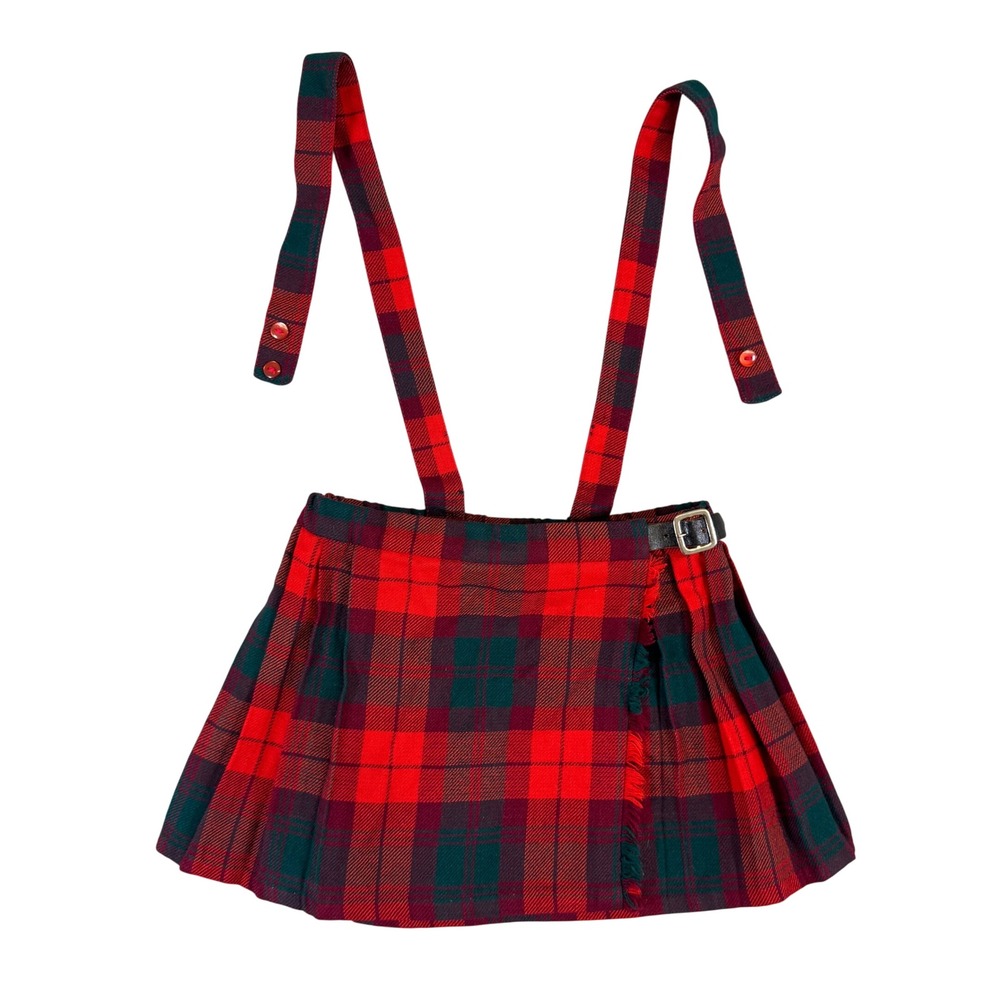 Vintage St Michael Kids Red Tartan Plaid Pinafore Kilt Skirt Wool Blend Age 4